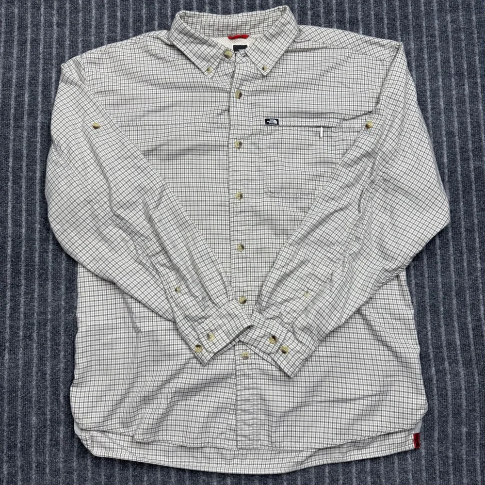 The North Face Button Down Shirt Large Gray Plaid Outdoor Hiking L/G (2178)